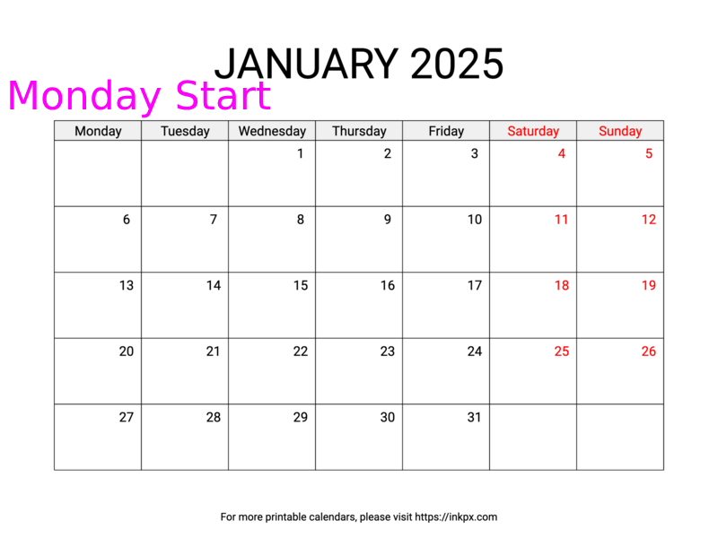 Free Printable Weekend Highlighted January 2025 Calendar (Monday Start)