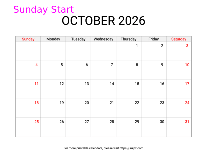 Free Printable Weekend Highlighted October 2026 Calendar (Sunday Start)