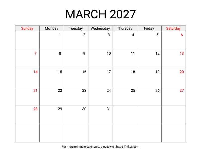 Free Printable Weekend Highlighted March 2027 Calendar (Sunday Start)