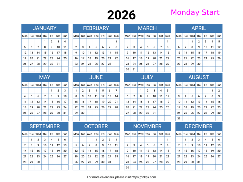 Free Printable Minimalist Blue Table 2026 Calendar (Landscape, Monday Start)