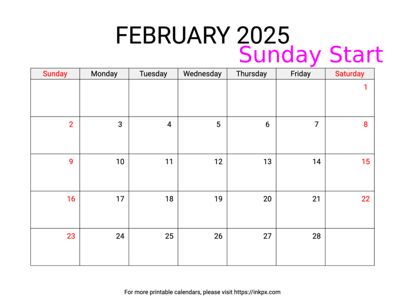 Free Printable Weekend Highlighted February 2025 Calendar (Sunday Start)