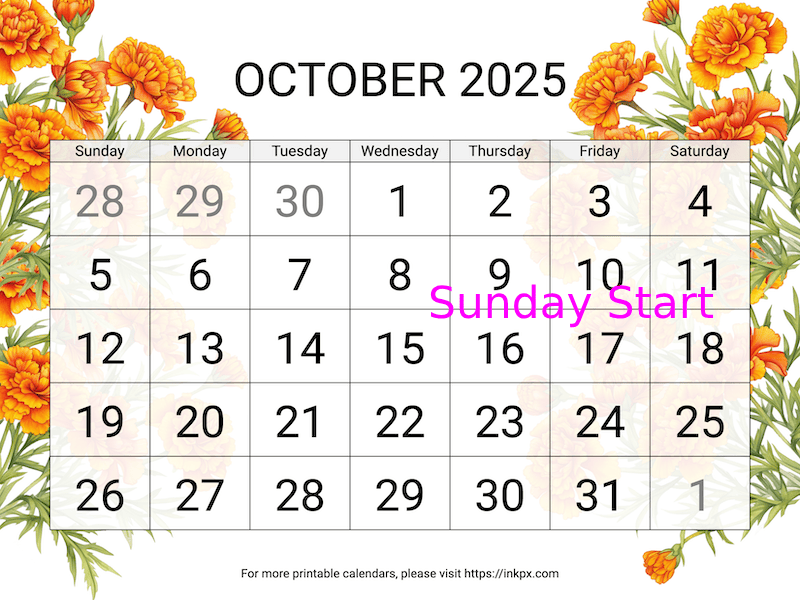 Free Printable Large Marigold October 2025 Calendar (Sunday Start)