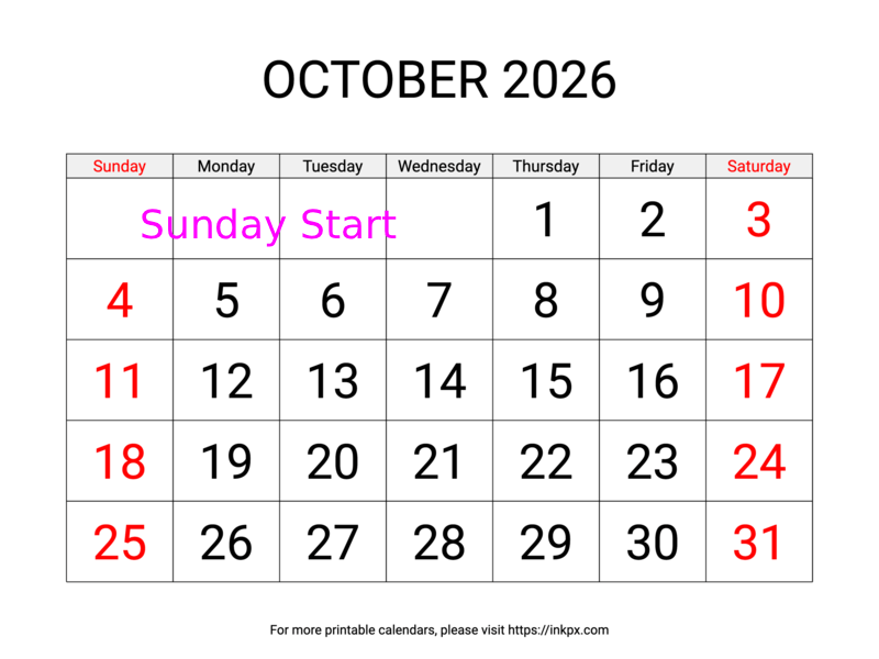 Free Printable Large Weekend Highlighted October 2026 Calendar (Sunday Start)