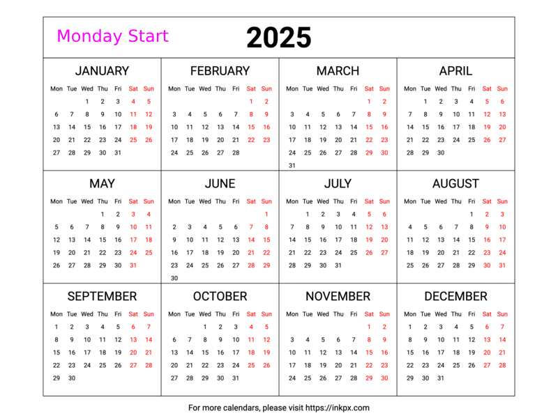 Free Printable Weekend Highlight Table 2025 Calendar (Landscape, Monday First)