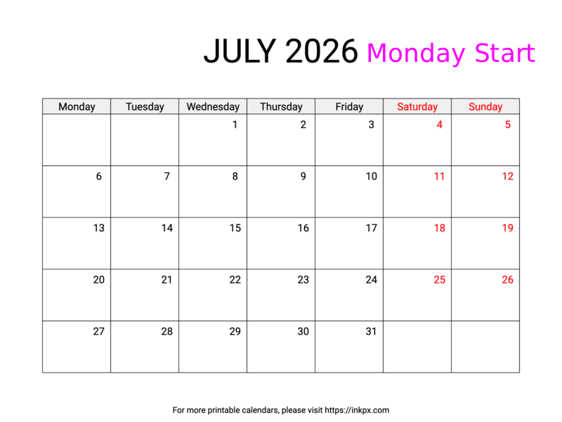 Free Printable Weekend Highlighted July 2026 Calendar (Monday Start)