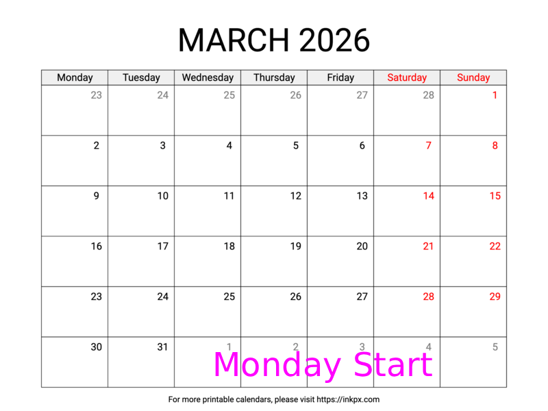 Free Printable Weekend Highlighted March 2026 Calendar (Monday Start)