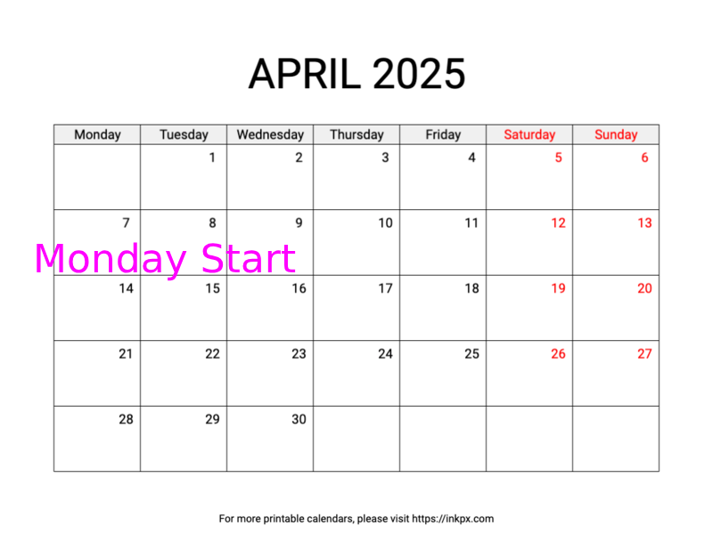 Free Printable Weekend Highlighted April 2025 Calendar (Monday Start)