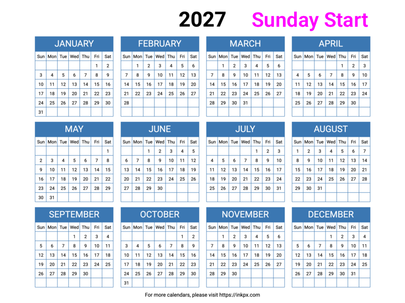 Free Printable Minimalist Blue Table 2027 Calendar (Landscape, Sunday Start)