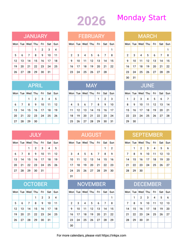 Free Printable Minimalist Colorful 2026 Yearly Calendar (Monday Start)