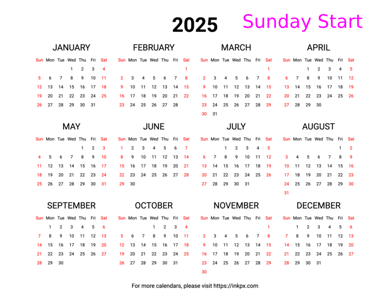 Free Printable Weekend Highlight 2025 Calendar (Landscape, Sunday First)