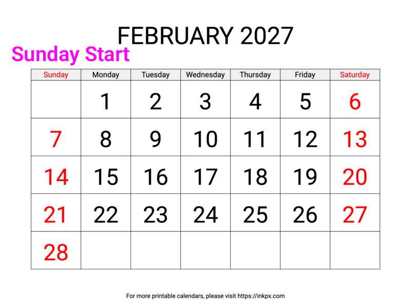 Free Printable Large Weekend Highlighted February 2027 Calendar (Sunday Start)