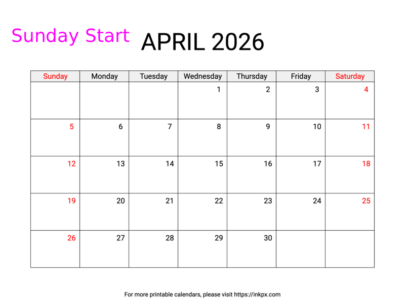 Free Printable Weekend Highlighted April 2026 Calendar (Sunday Start)