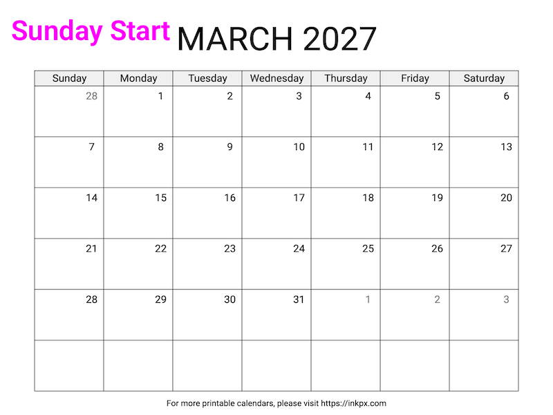 Free Printable Simple March 2027 Calendar (Sunday Start)