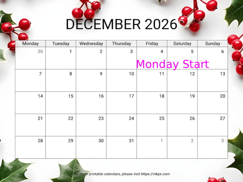 Free Printable Holly Background December 2026 Calendar (Monday Start)