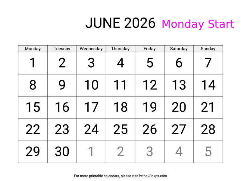 Free Printable Large June 2026 Calendar (Monday Start)