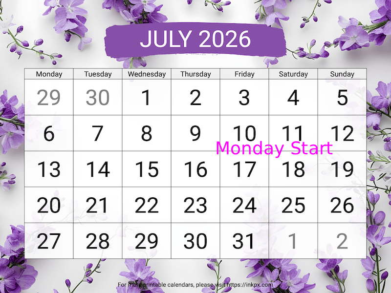 Free Printable Large Larkspur July 2026 Calendar (Monday Start)