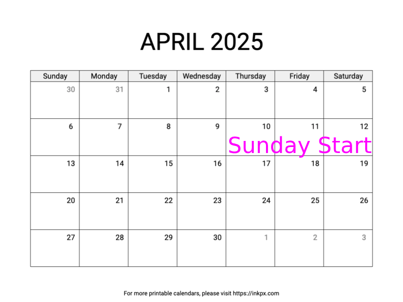 Free Printable Simple April 2025 Calendar (Sunday Start)