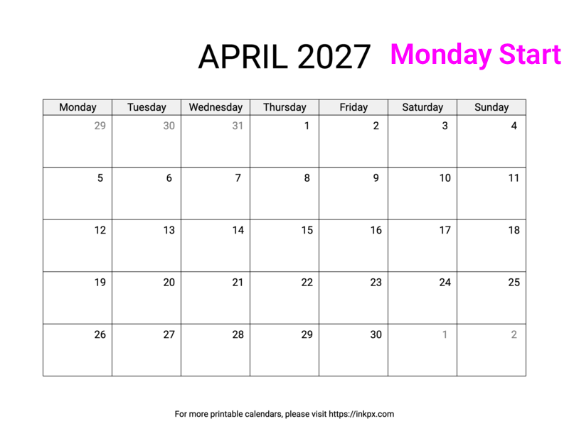 Free Printable April 2027 Calendar (Monday Start)
