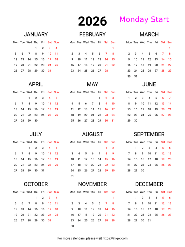 Free Printable Weekend Highlight 2026 Calendar (Monday First)