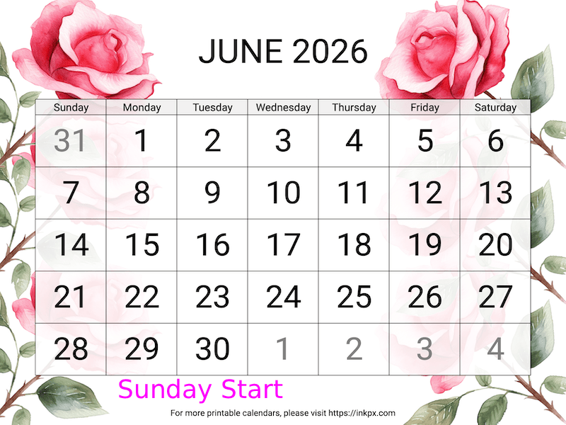 Free Printable Large Rose June 2026 Calendar (Sunday Start)