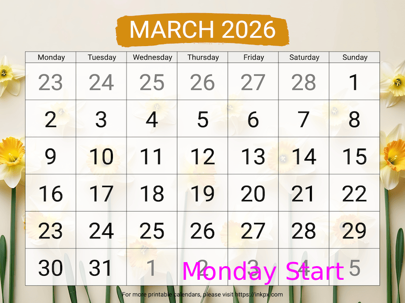 Free Printable Large Daffodil Background March 2026 Calendar (Monday Start)