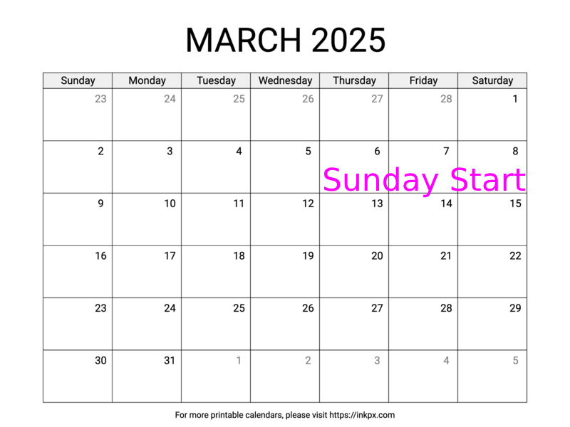 Free Printable Simple March 2025 Calendar (Sunday Start)