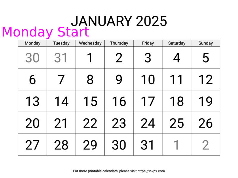 Free Printable Large Font January 2025 Calendar (Monday Start)