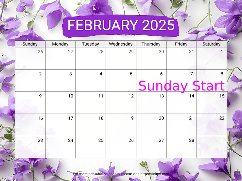 Free Printable Violet February 2025 Calendar (Sunday Start)