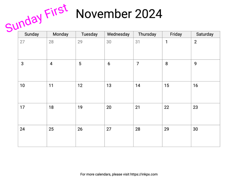 Printable Blank November 2024 Calendar (Sunday First)