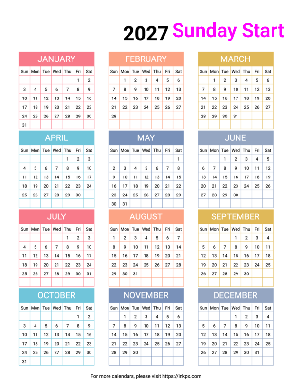 Free Printable Minimalist Colorful 2027 Yearly Calendar (Sunday Start)