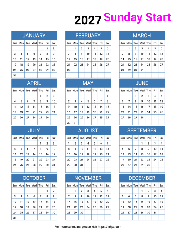 Free Printable Minimalist Blue Table 2027 Yearly Calendar (Sunday Start)