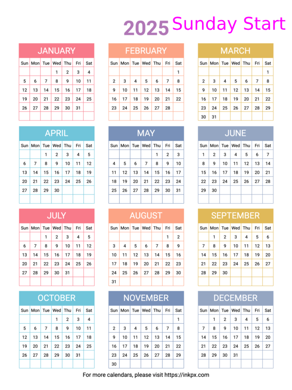 Free Printable Minimalist Colorful 2025 Yearly Calendar (Sunday Start)