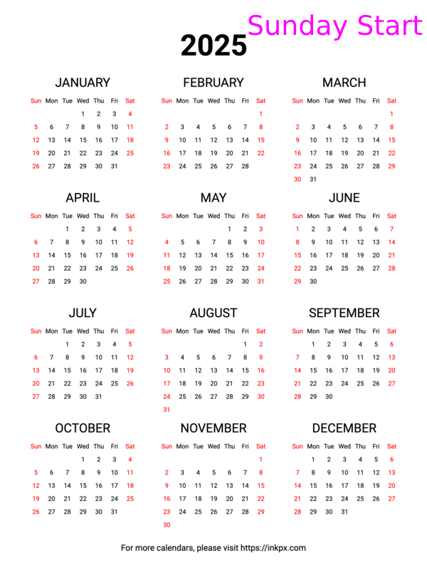 Free Printable Weekend Highlight 2025 Calendar (Sunday First) · InkPx