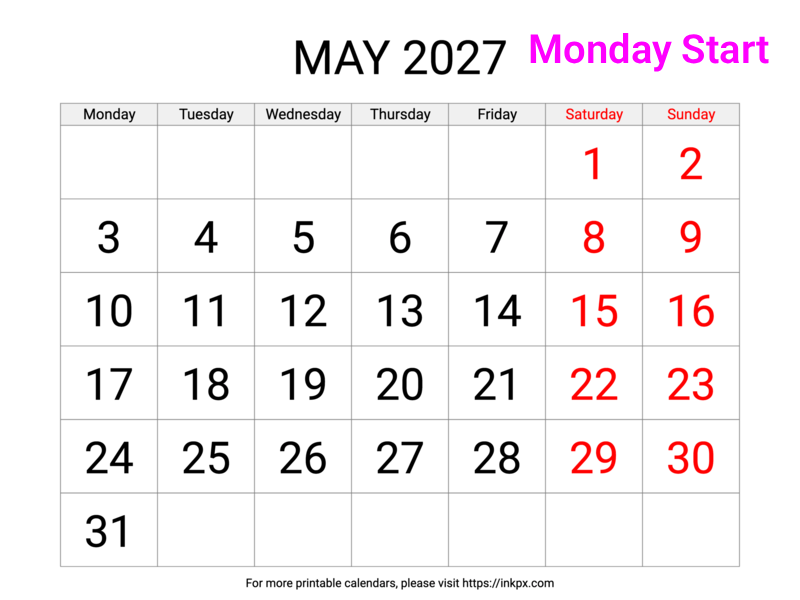 Free Printable Large Font Weekend Highlighted May 2027 Calendar (Monday Start)