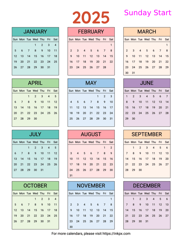 Free Printable Colorful Table 2025 Yearly Calendar (Sunday Start)