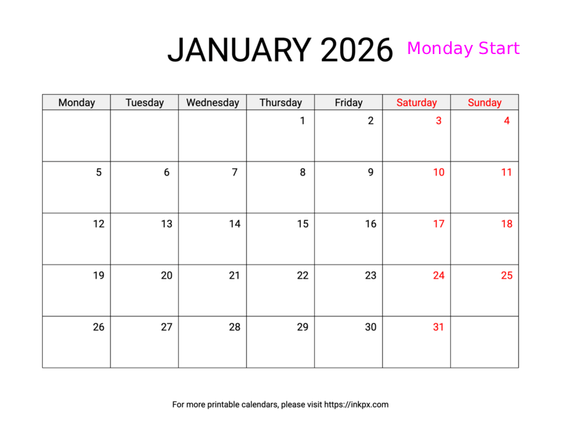 Free Printable Weekend Highlighted January 2026 Calendar (Monday Start)