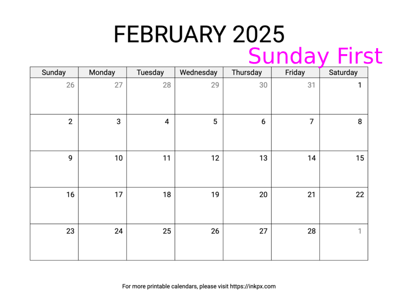 Free Printable Simple February 2025 Calendar (Sunday Start)