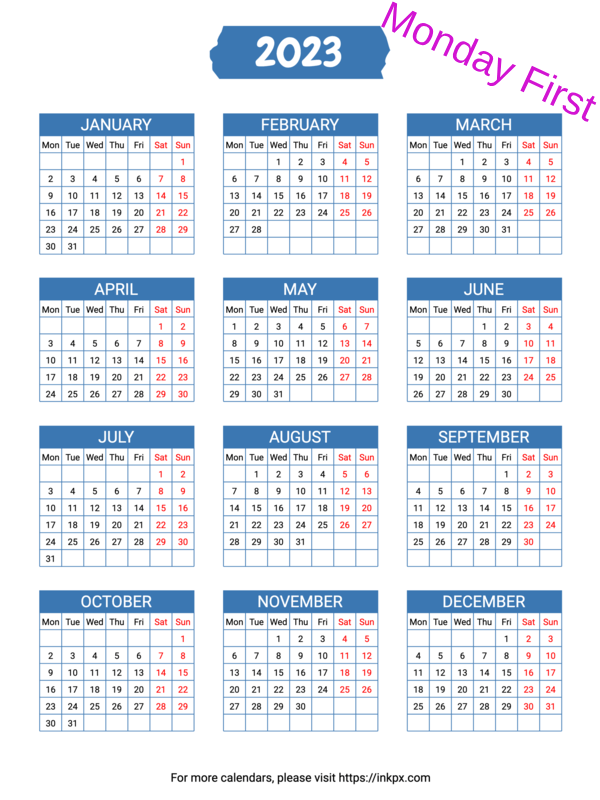 Printable Grid 2023 Calendar (Monday First) · InkPx