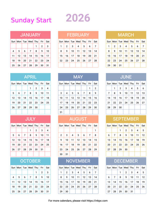 Free Printable Minimalist Colorful 2026 Yearly Calendar (Sunday Start)