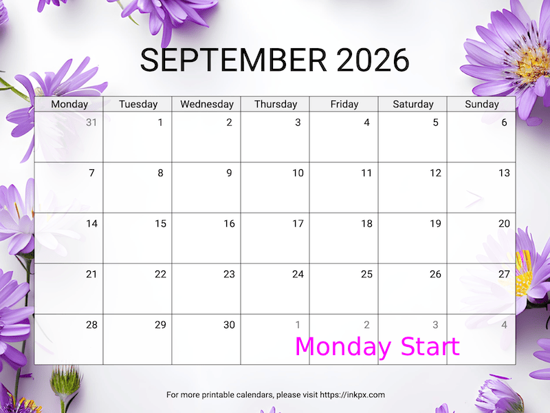Free Printable Aster Background September 2026 Calendar (Monday Start)