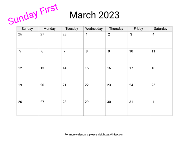 Printable Blank March 2023 Calendar (Sunday First)