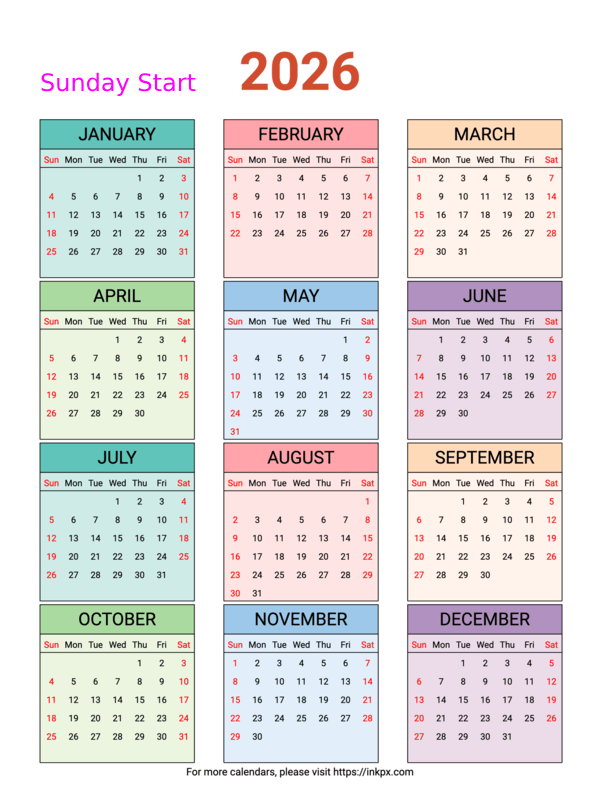 Free Printable Weekend Highlight Colorful Table 2026 Calendar (Sunday First)