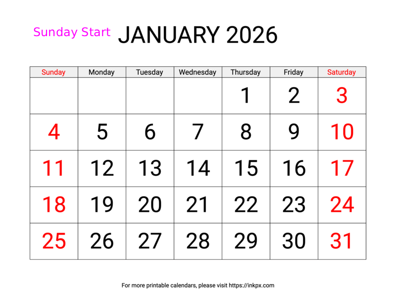 Free Printable Large Weekend Highlighted January 2026 Calendar (Sunday Start)