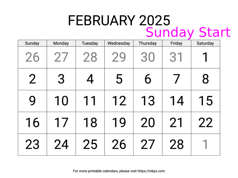 Free Printable Large February 2025 Calendar (Sunday Start)