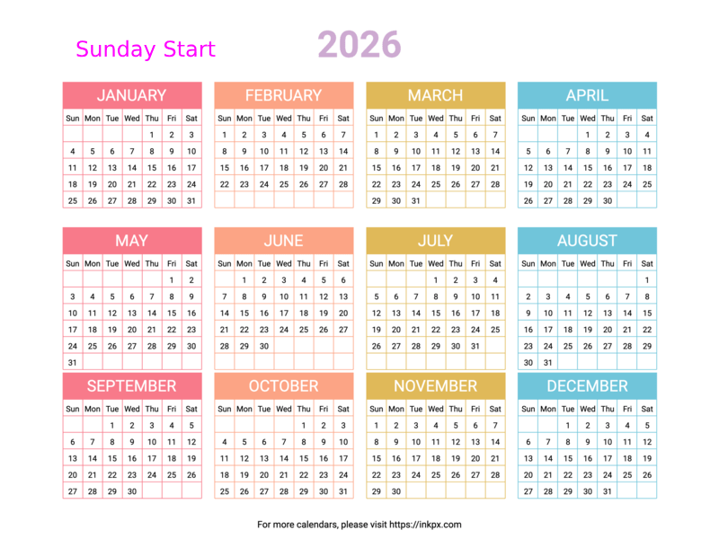 Free Printable Minimalist Colorful Table 2026 Calendar (Landscape, Sunday Start)
