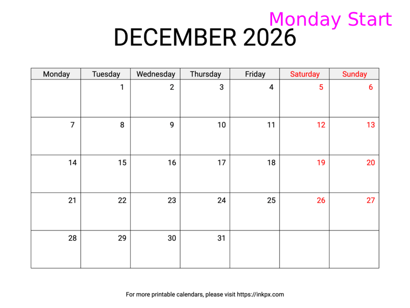 Free Printable Weekend Highlighted December 2026 Calendar (Monday Start)