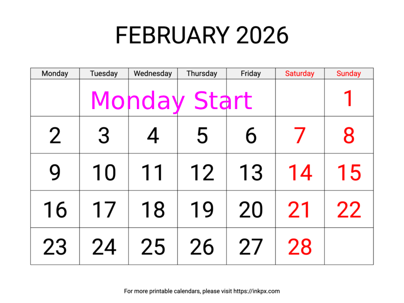 Free Printable Large Weekend Highlighted February 2026 Calendar (Monday Start)