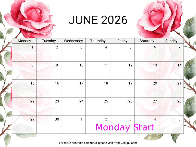 Free Printable Rose June 2026 Calendar (Monday Start)