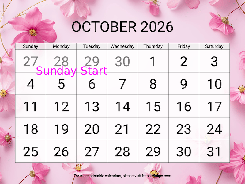 Free Printable Large Cosmos October 2026 Calendar (Sunday Start)
