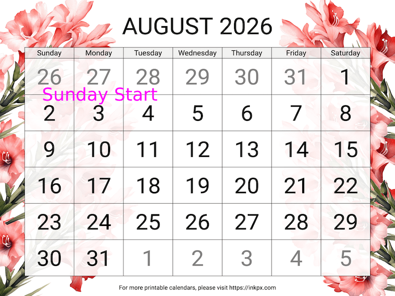 Free Printable Large Gladiolus August 2026 Calendar (Sunday Start)